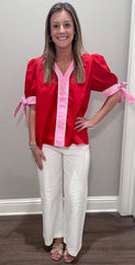 Red Puff Sleeve Top w/ Bow Sleeve Accents