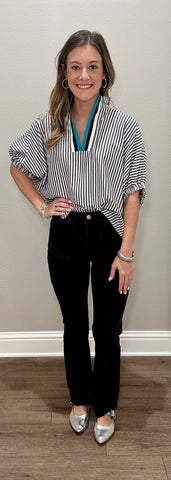 Black & White Striped Dolman Short Sleeve Top w/ Turq Accents