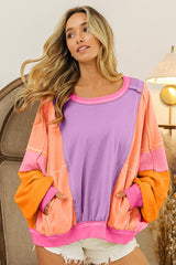 Color Block French Terry Pullover - Pink/Orange