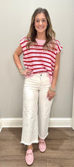 Pink & Red Striped Cap Sleeve Sweater