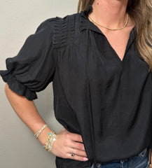 Black Bubble Sleeve Ruffle Top