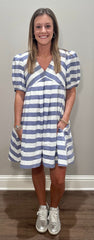 Blue & White Striped Dress w/ Puff Sleeves