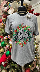 Merry Christmas Wreath Short Sleeve V-Neck Tee