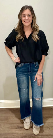 Black Bubble Sleeve Ruffle Top