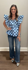 Light Blue & Navy Polka Dot Flutter Sleeve Top