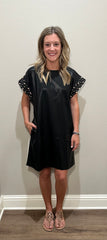 Black Faux Leather Dress w/ Pearl Details