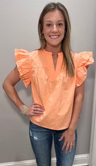 Salmon Puffy Ruffled Sleeve Tank Top