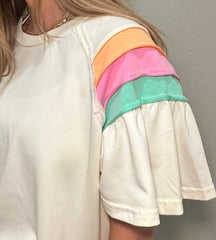 Cream Flutter Sleeve Top w/ Colorful Sleeve Accents