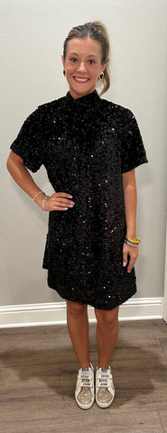 Black Sequin Dress w/ Silk Bow Neck Tie Detail