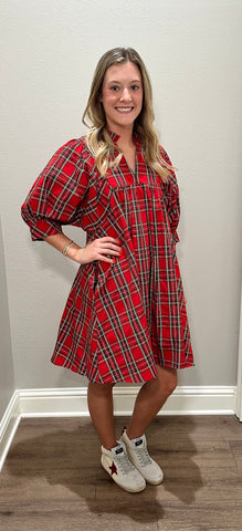 Red Plaid Puff Sleeve Dress