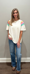 Cream Flutter Sleeve Top w/ Colorful Sleeve Accents