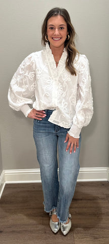 White Long Sleeve Applique Button Down Top