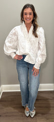 White Long Sleeve Applique Button Down Top