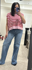 Pink & Red Striped Cap Sleeve Sweater