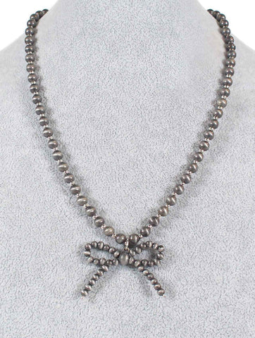 Gunmetal Beaded Bow Pendant Necklace