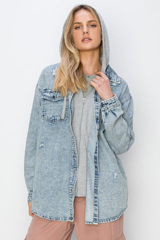 Risen Oversized Hooded Zip Up Denim Shirt