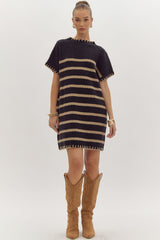 Black & Mocha Striped Lightweight Sweater Dress