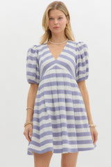 Blue & White Striped Dress w/ Puff Sleeves