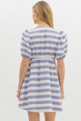 Blue & White Striped Dress w/ Puff Sleeves