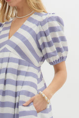 Blue & White Striped Dress w/ Puff Sleeves