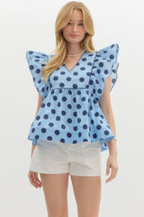 Light Blue & Navy Polka Dot Flutter Sleeve Top