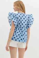 Light Blue & Navy Polka Dot Flutter Sleeve Top