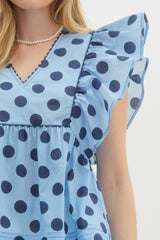 Light Blue & Navy Polka Dot Flutter Sleeve Top