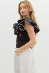 Black Ribbed Top w/ Ruffle Sleeves