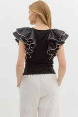 Black Ribbed Top w/ Ruffle Sleeves