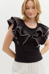 Black Ribbed Top w/ Ruffle Sleeves