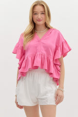 Pink French Terry Hooded Flutter Top