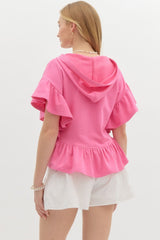 Pink French Terry Hooded Flutter Top