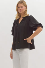 Black Bubble Sleeve Ruffle Top