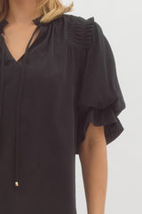 Black Bubble Sleeve Ruffle Top