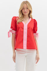 Red Puff Sleeve Top w/ Bow Sleeve Accents