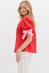 Red Puff Sleeve Top w/ Bow Sleeve Accents