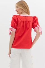 Red Puff Sleeve Top w/ Bow Sleeve Accents